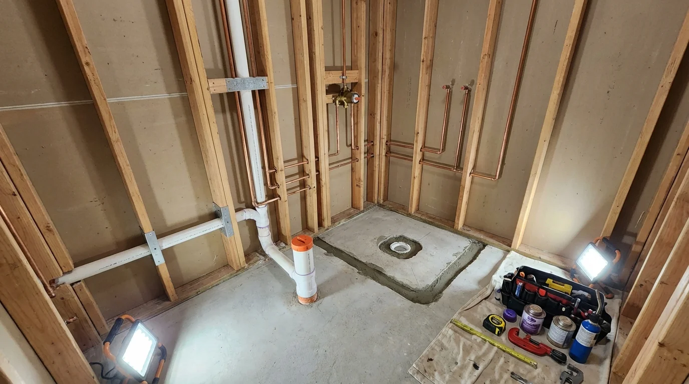 Bathroom rough-in plumbing during remodel by Johns Plumbing LLC in Hoxie
