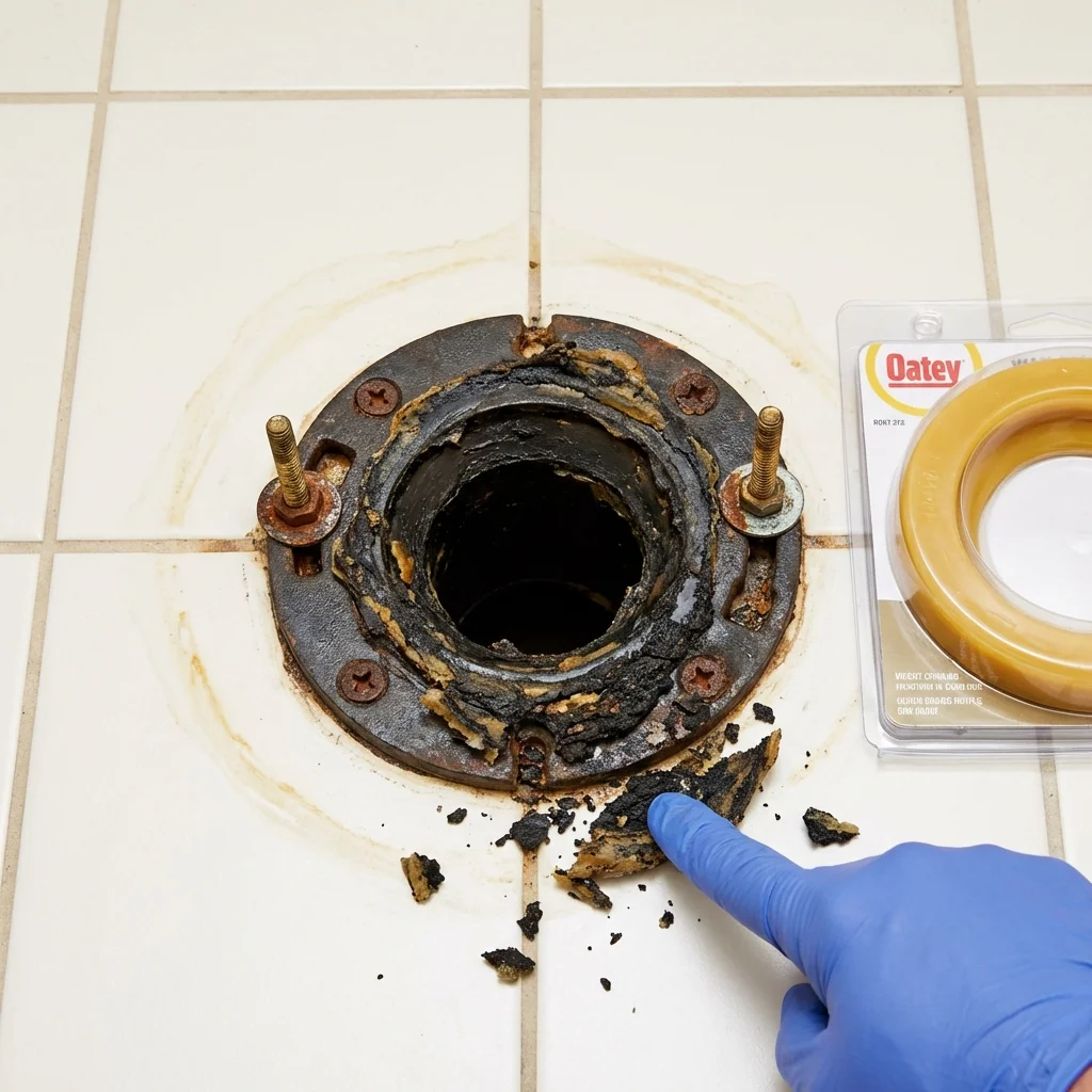 Failed wax ring showing water seepage at the base of a toilet in a Hoxie, KS home