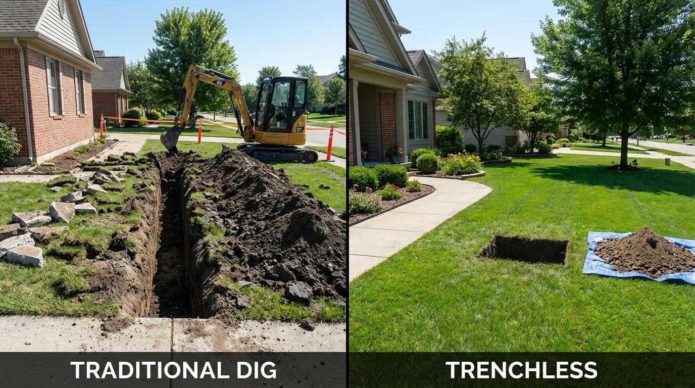 Trenchless sewer repair with minimal yard damage versus traditional excavation in Hoxie, KS