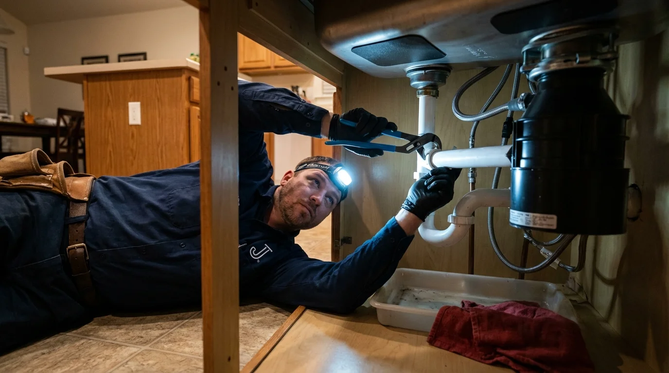 P-trap and supply line connections under a kitchen sink showing a common leak point in Hoxie, KS